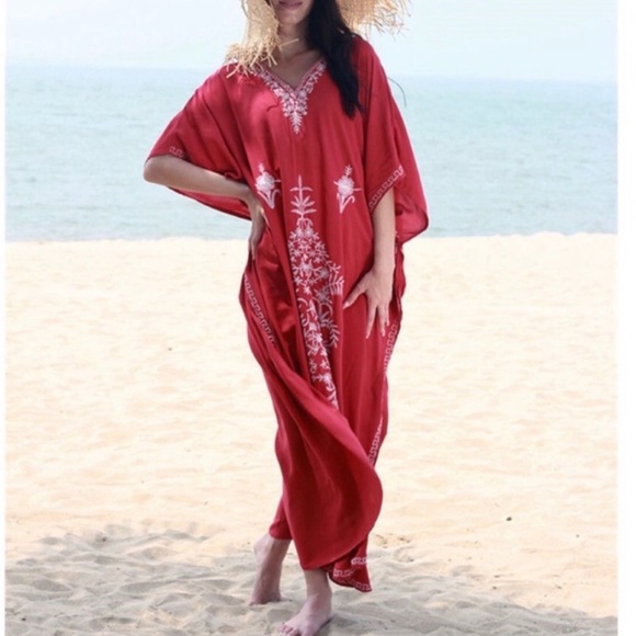 Boho Indie Embroider Cotton Kimono Kaftan Maxi, Beach Coverup Kaftan Red Dress - Picture 4 of 7